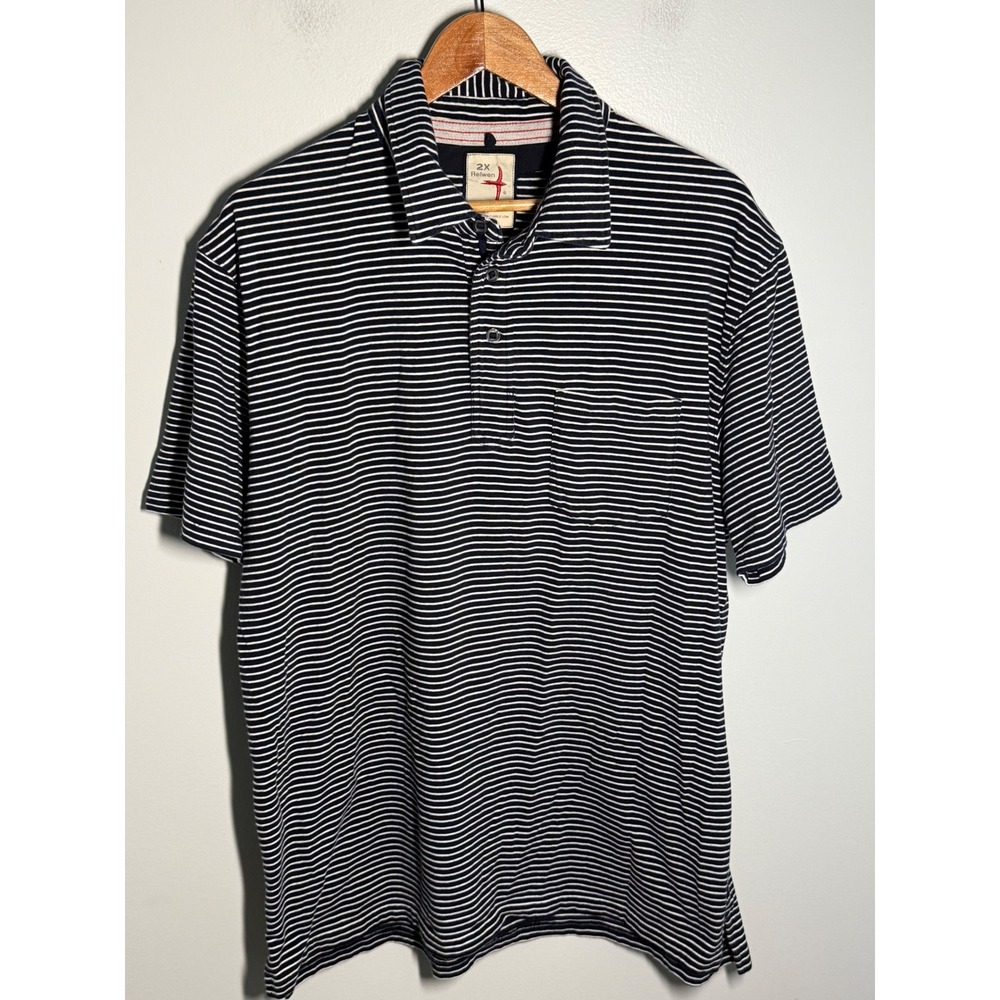 Relwen Mens 2X Navy Blue White Striped Cotton Short Sleeve Pocket Polo Shirt